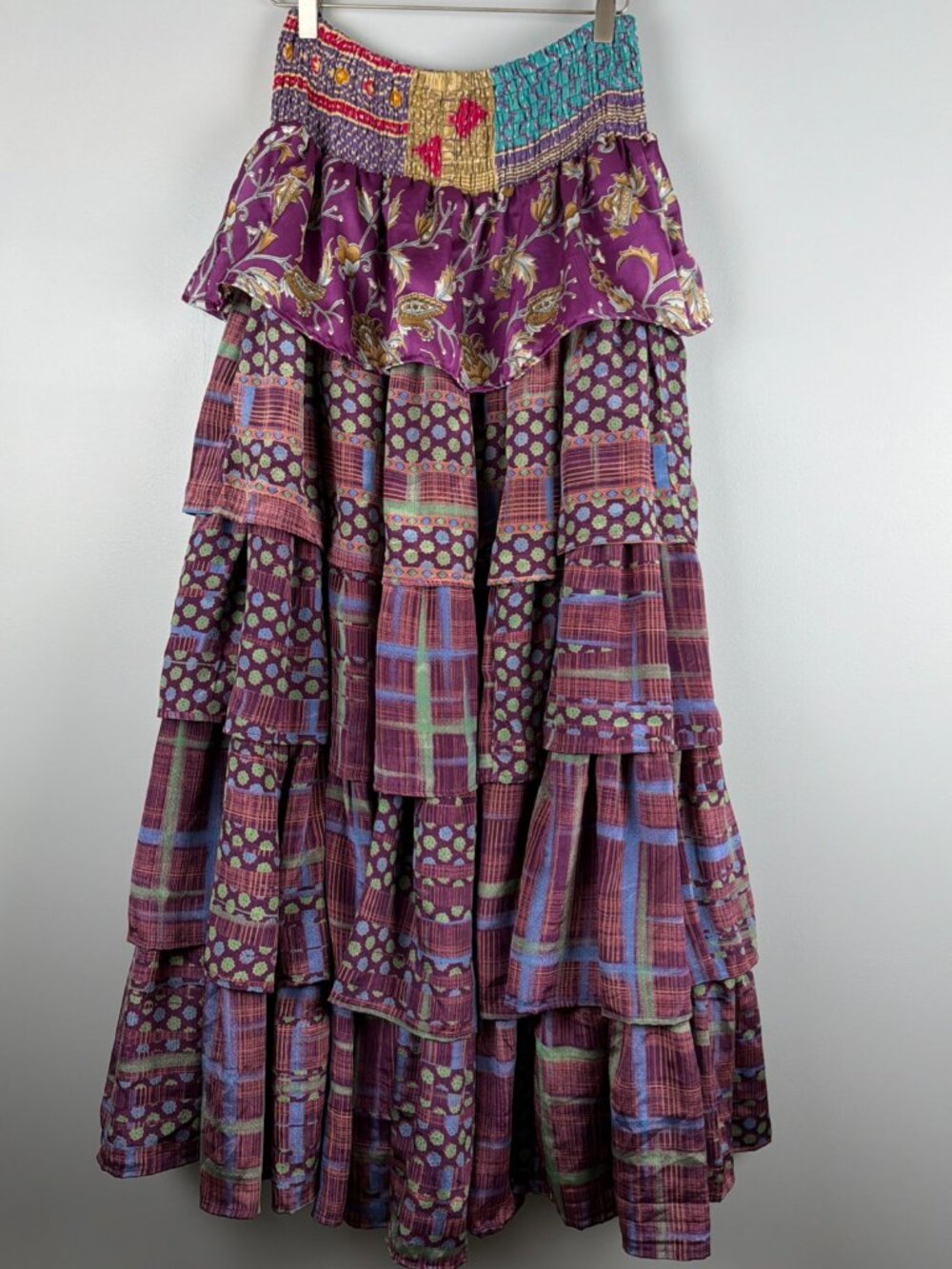 Kantha Bae Venus Ruffle Skirt Dress Convertible Free Sz Purple Hippie Maxi Silk - Picture 5 of 5
